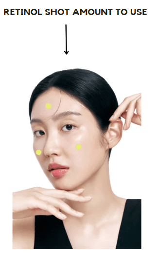 How much Retinol Shot serum to use — three small dots placed on the forehead, cheek and cheekbone